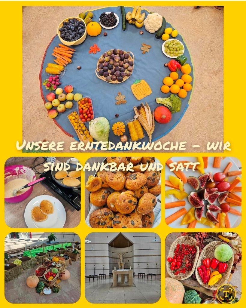 Collage zur Erntedankwoche: Obst und Gemüse im Kreis auf einem Tuch, Pfannkuchen, Kürbisbrötchen, Gemüseteller, Erntegaben vor dem Altar und in der Kirche