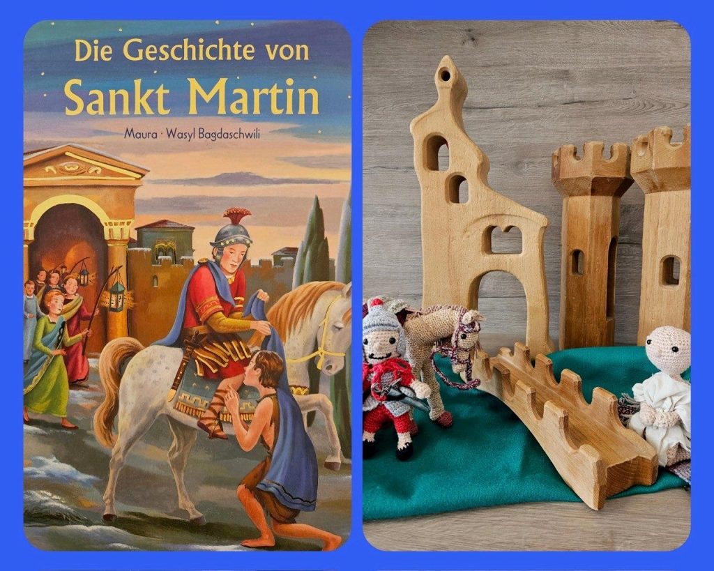 Links das Bilderbuch „Die Geschichte von Sankt Martin“, rechts die Geschichte mit gehäkelten Figuren nachgespielt: St. Martin, sein Pferd und der Bettler vor einer Holzburg
